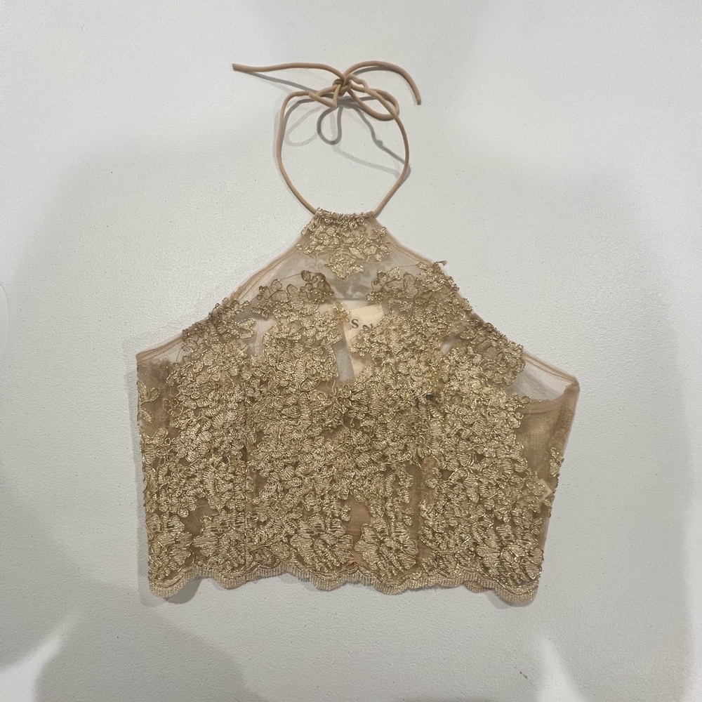 Simplee Elegant Lace Gold Halter Top S